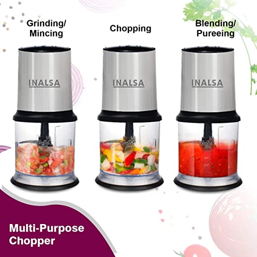 INALSA Electric Chopper Bullet Inox- 450 Watts with 2 Speed Option |100% Pure Copper Motor| Chop, Mince, Puree, Dice | Twin Blade Technology| 900 ml Capacity| One Touch Operation, 1.30mtr Long Power Cord (Black/Silver) INALSA Electric Chopper Bullet Inox- 450 Watts with 2 Speed Option |100% Pure Copper Motor| Chop, Mince, Puree, Dice | Twin Blade Technology| 900 ml Capacity| One Touch Operation, 1.30mtr Long Power Cord (Black/Silver)